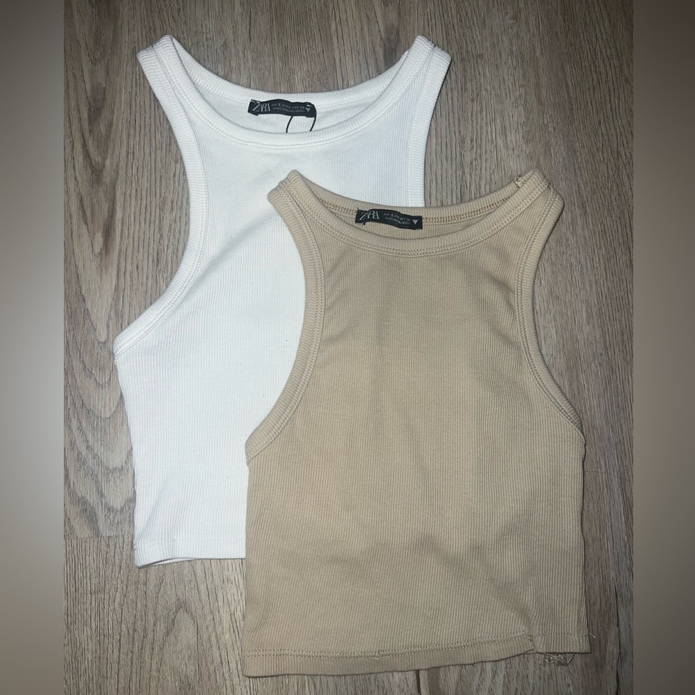 ZARA set of TWO TANK TOPS SIZE S- COLORS TAN AND WHITE. BRAND NEW